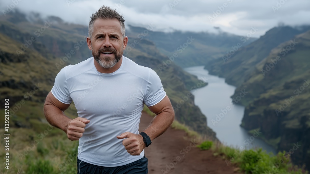 Runner enjoying the scenic landscape near a river during cloudy weather Runner enjoying the scenic landscape near a river during cloudy weather