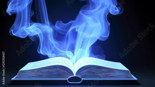 Open Book Emits Mystical Blue Smoke Against Dark Background, Creating Enchanting and Magical Atmosphere with Ethereal Glow and Swirling Patterns Suggesting Mystery and Fantasy World
