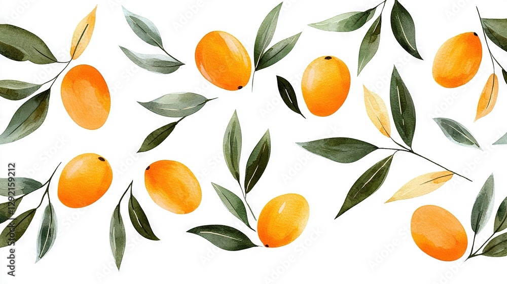 A painting of oranges on a branch with leaves against a white background A painting of oranges on a branch with leaves against a white background