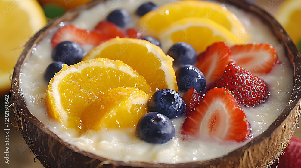 A tropical fruit salad with citrus slices, strawberries, and blueberries, served in a coconut bowl. A tropical fruit salad with citrus slices, strawberries, and blueberries, served in a coconut bowl.