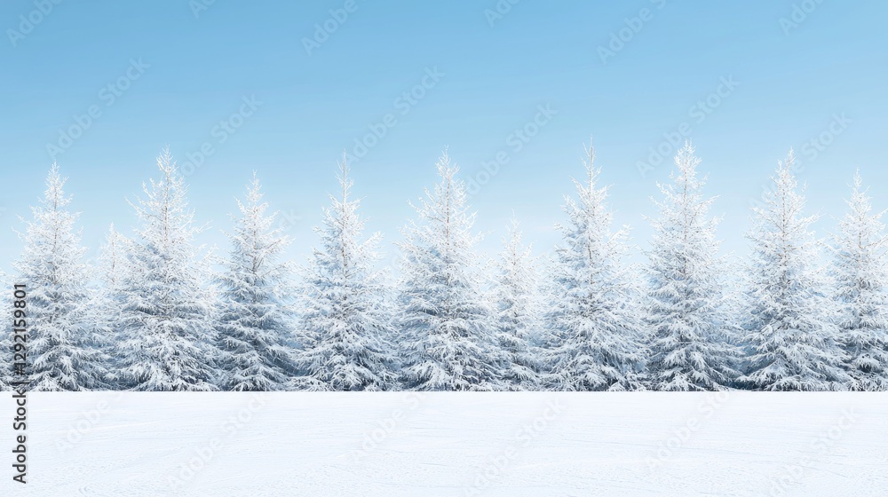 Naklejka premium Snowy trees line a field on a clear blue sky day. Ideal for winter backgrounds, greeting cards, or seasonal displays