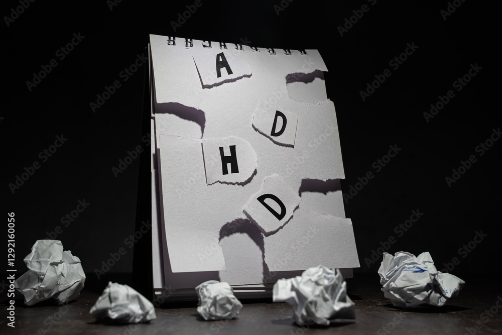 oświetlony otwarty brulion z napisem ADHD z powyrywanych bez ładu kawałków papieru, na ciemnym tle