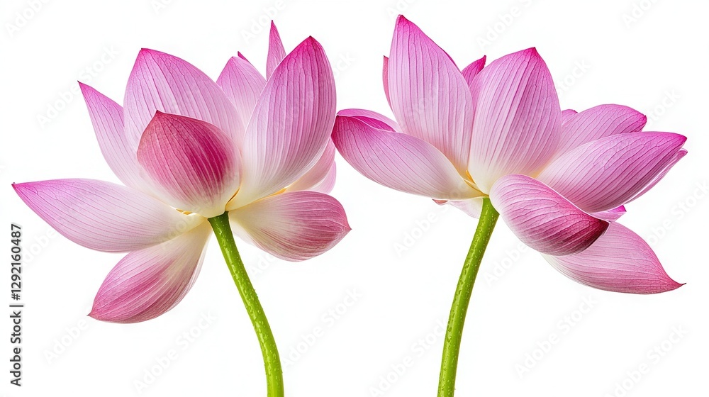 A pair of pink blossoms rest atop a pristine table, adjacent to a lush green stalk and an unblemished wall A pair of pink blossoms rest atop a pristine table, adjacent to a lush green stalk and an unblemished wall
