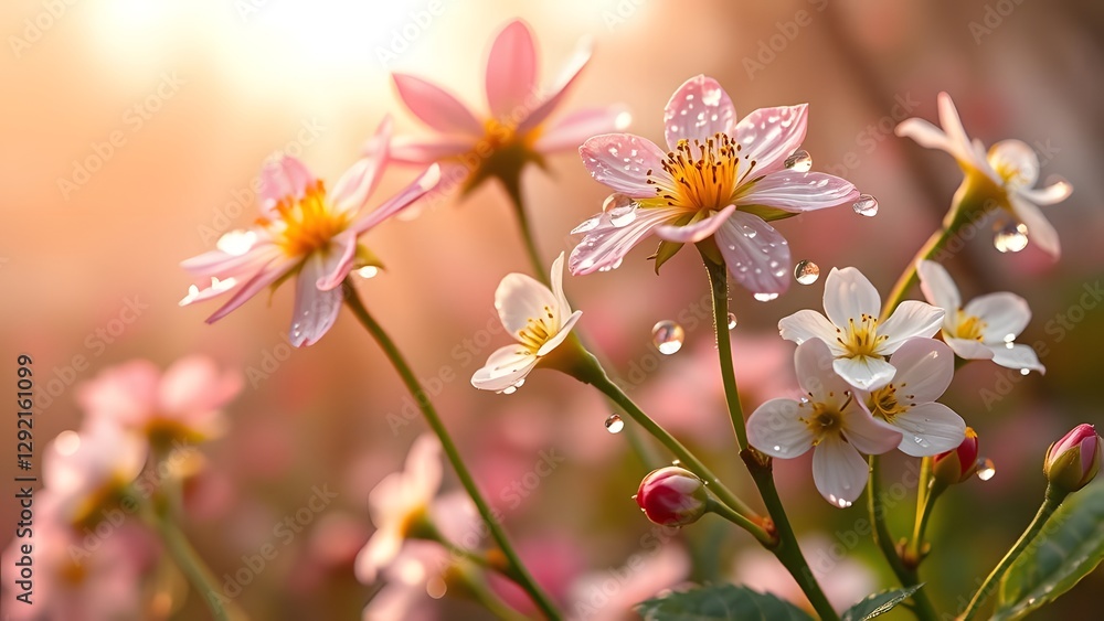 Tranquil Spring Blooms Dew-kissed Flowers in Soft Pastel Light Tranquil Spring Blooms Dew-kissed Flowers in Soft Pastel Light