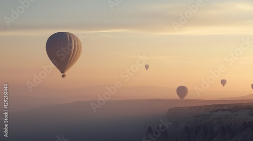   A group of hot air balloons floating in the sky over a mountain range in the distance, with mountains in the background