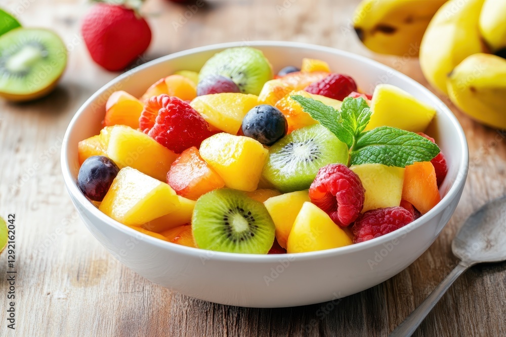Fresh fruit salad with kiwi, peaches, raspberries, grapes and mint leaves Fresh fruit salad with kiwi, peaches, raspberries, grapes and mint leaves