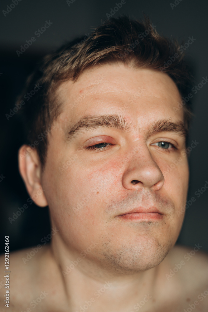 Obraz premium Selective focus on swollen and painful red upper eye lid with onset of stye infection due to clogged oil gland and staphylococcal bacteria. Close up right upper eyelid abscess.