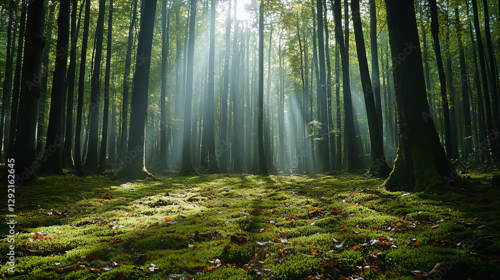 Naklejka premium Sunlit green forest with tall trees, moss-covered ground, and tranquil atmosphere for nature, relaxation, and conservation themes
