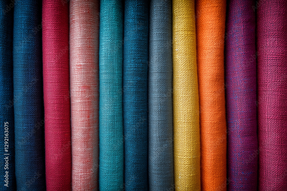 Row of colorful fabric rolls, each with different shade of color, arranged in vertical stack. Row of colorful fabric rolls, each with different shade of color, arranged in vertical stack.