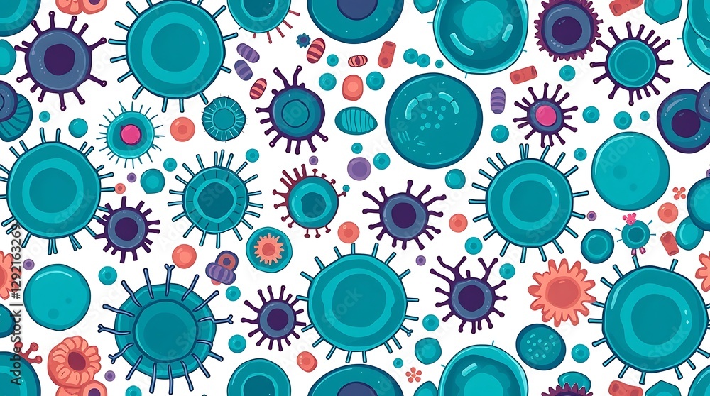 Microscopic World: An abstract illustration showcases a vibrant collection of viruses, bacteria, and other microorganisms in an artistic, colorful composition. Microscopic World: An abstract illustration showcases a vibrant collection of viruses, bacteria, and other microorganisms in an artistic, colorful composition.