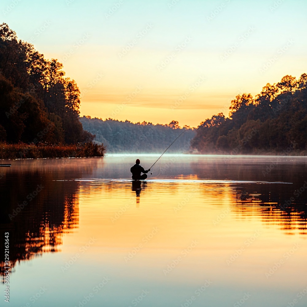 Fisherman at sunrise, tranquil lake, misty forest