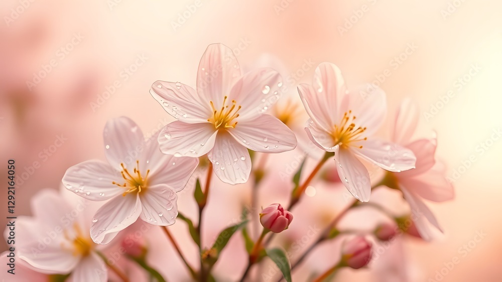 Serene Spring Morning Blooming Flowers with Dewdrops in Vintage Film Look Serene Spring Morning Blooming Flowers with Dewdrops in Vintage Film Look