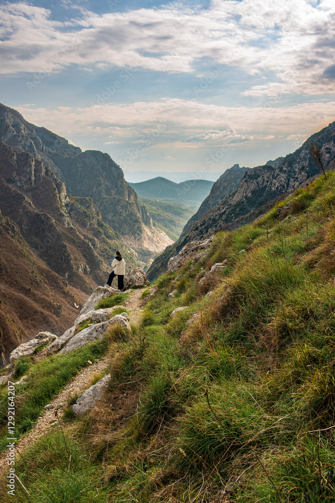 Naklejka premium A lone traveler sits on a rocky outcrop, overlooking a vast mountain valley with dramatic cliffs and an open sky. The green slopes contrast with rugged peaks, creating a sense of isolation and wonder.