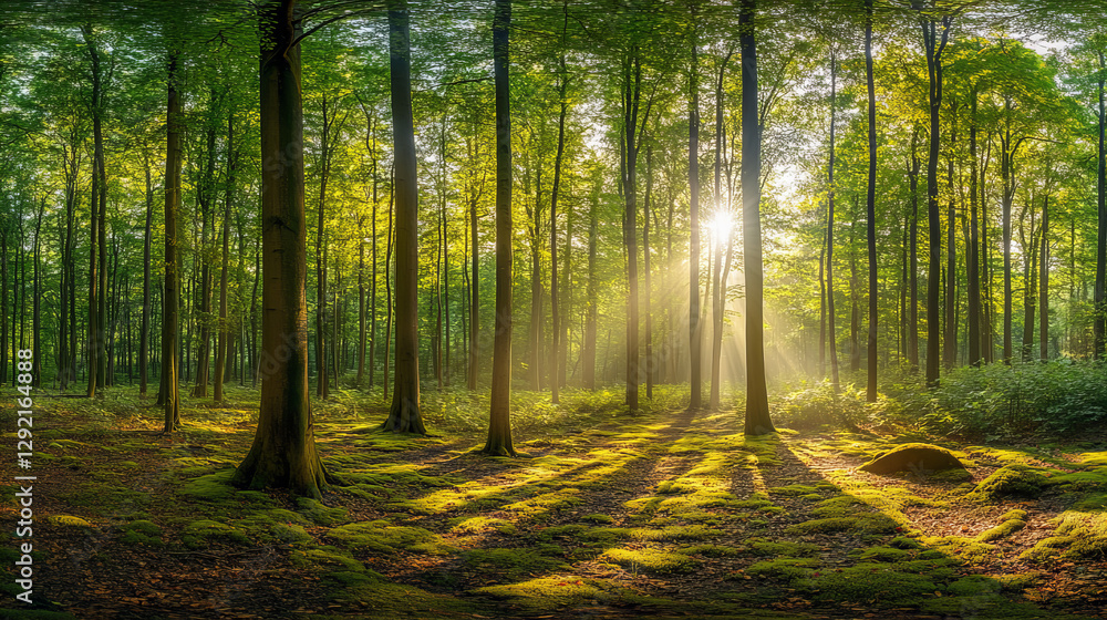 Obraz premium Sunlit green forest with tall trees, moss-covered ground, and tranquil atmosphere for nature, relaxation, and conservation themes