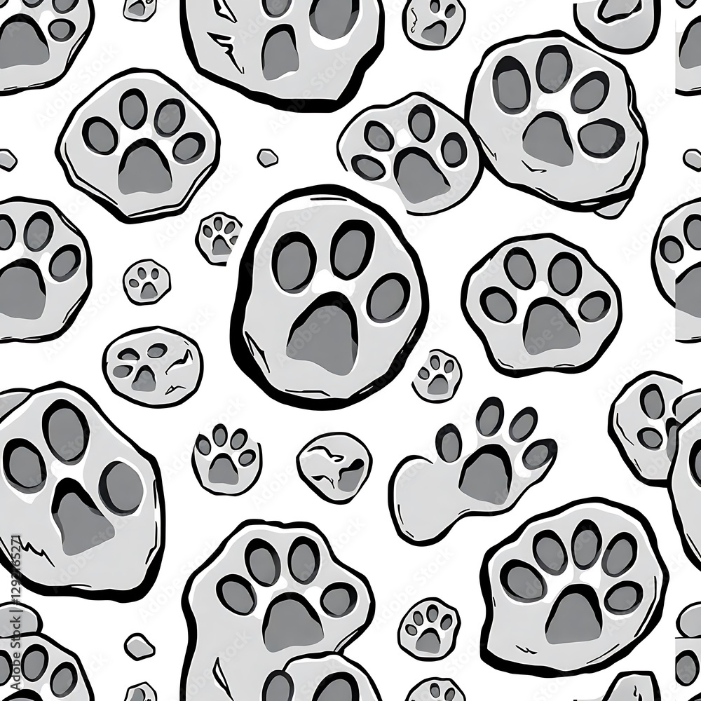 Fototapeta premium Paw Prints Pattern: A seamless pattern of stylized gray paw prints of varying sizes. 