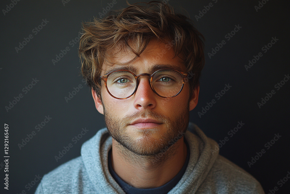 Obraz premium Young Man with Brown Hair and Round Glasses