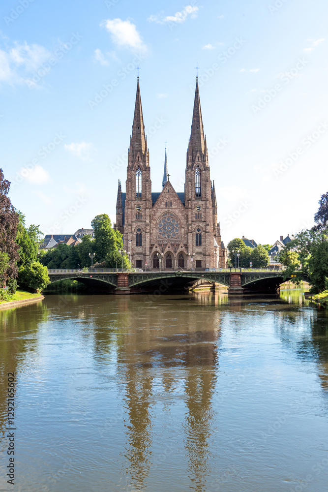 Saint Paul church in Strasbourg canal reflection view, Alsace region of France Saint Paul church in Strasbourg canal reflection view, Alsace region of France