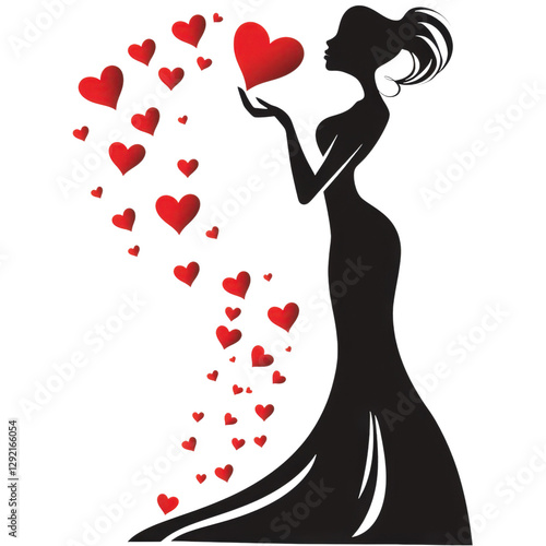 Woman Blowing Hearts Silhouette PNG - Romantic Love Illustration with Isolated Background