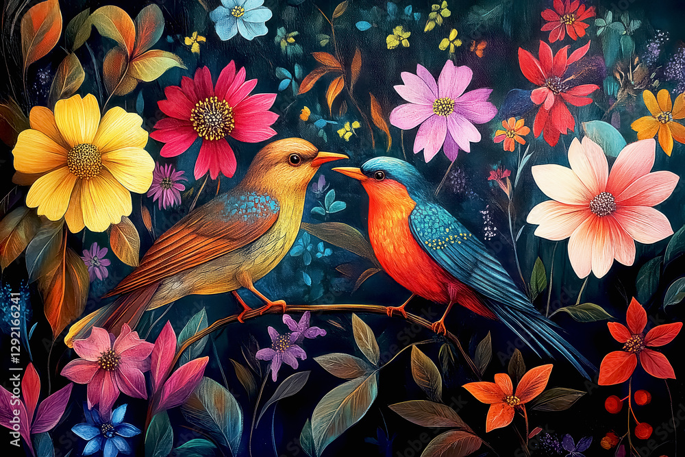 Fototapeta premium Colorful spring awakening with blooming flowers and returning birds