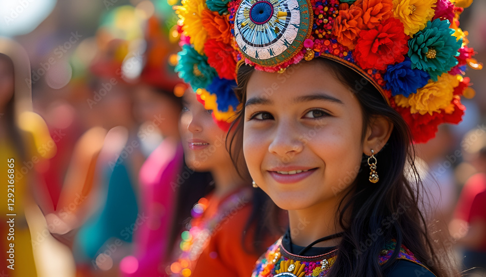 Fototapeta premium Smiling young girl wearing colorful traditional costume and floral headdress