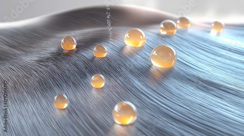 Golden serum drops deeply penetrate hair strands, providing hydration and repair. Advanced formula enhances smoothness, shine, and protection. Copy space for premium haircare branding and marketing