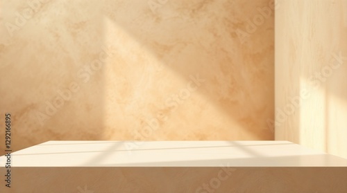Empty brown abstract table platform with empty space for product placement and design solutions, blank illuminated background, blank bright step platform