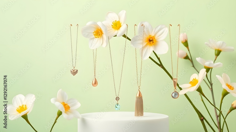 Ethereal Spring Jewelry Display amidst Soft Pastels and Fresh Greens Ethereal Spring Jewelry Display amidst Soft Pastels and Fresh Greens