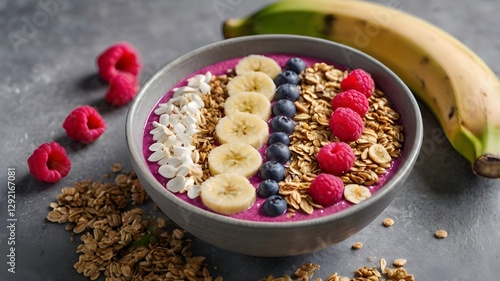 Breakfast bowl decorated with fresh berries and fruit yoghurt, healthy oat muesli close-up photo