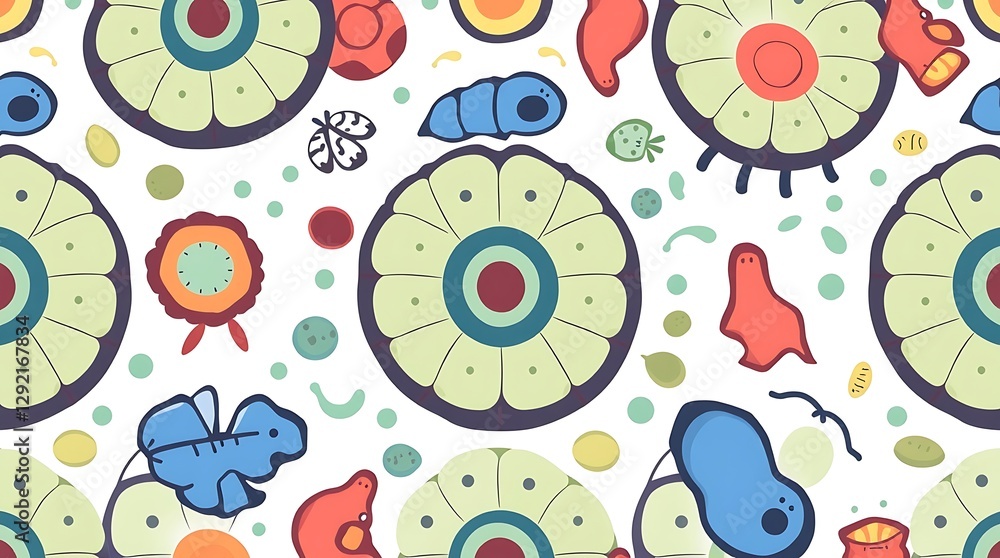 Fototapeta premium Vibrant Abstract Pattern: An eye-catching seamless pattern featuring a collection of stylized, colorful, organic shapes. This design exudes a sense of whimsy and playful energy.