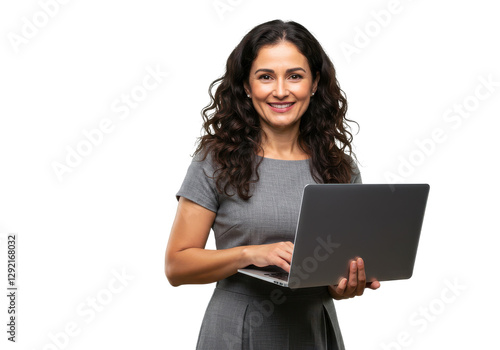 A confident woman with wavy dark brown hair, wearing a gray dress, holding a laptop and smiling warmly isolated on transparent, White background