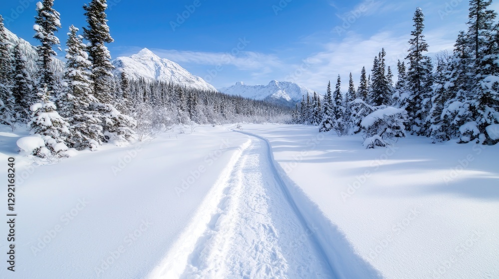 Winter snow path through snowy forest mountains. Possible use Nature landscape stock photo Winter snow path through snowy forest mountains. Possible use Nature landscape stock photo