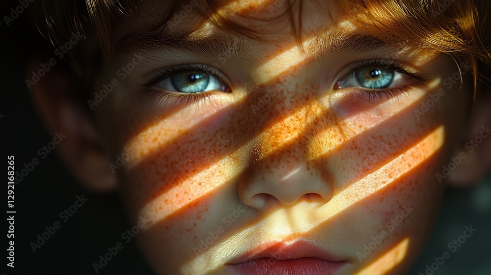 A child's freckled face partially obscured by striped shadows A child's freckled face partially obscured by striped shadows