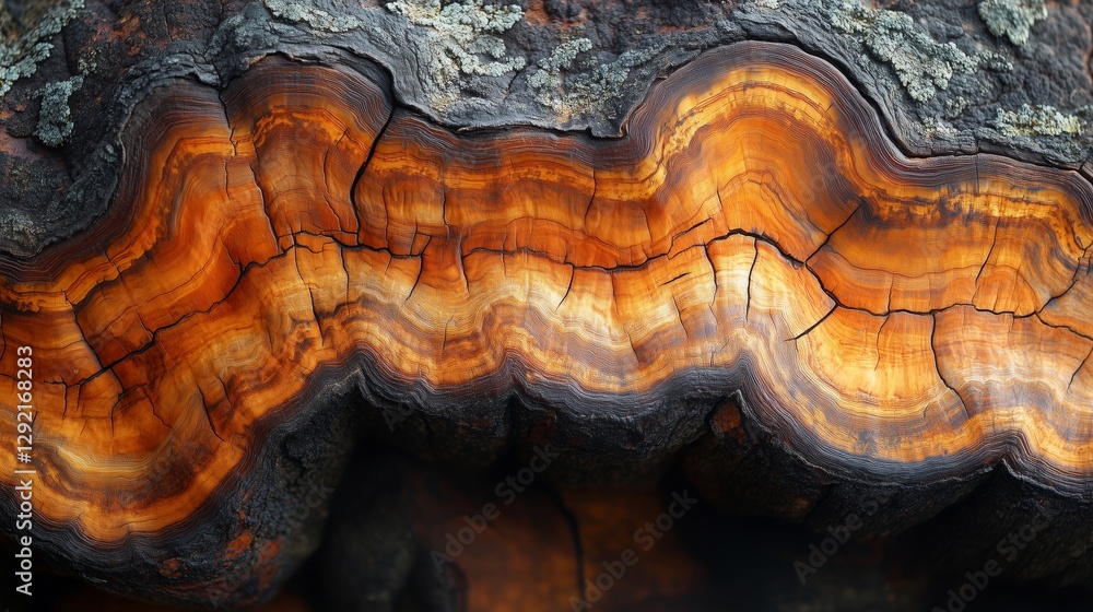 A close-up shows detailed wood grain with deep browns, golds A close-up shows detailed wood grain with deep browns, golds