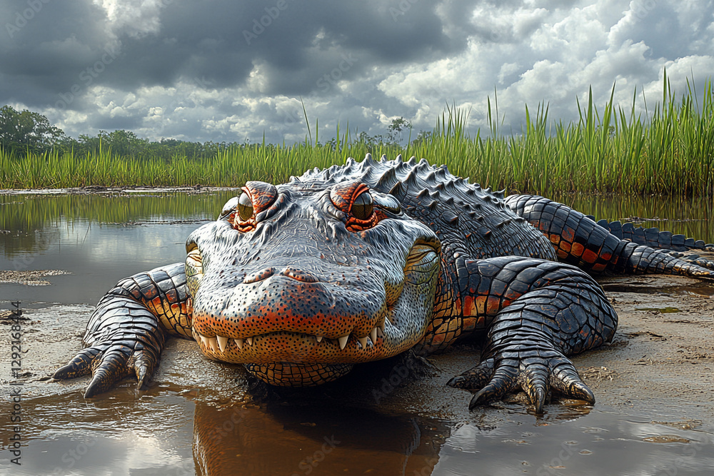 Obraz premium Imposing Alligator Resting In Swampy Habitat