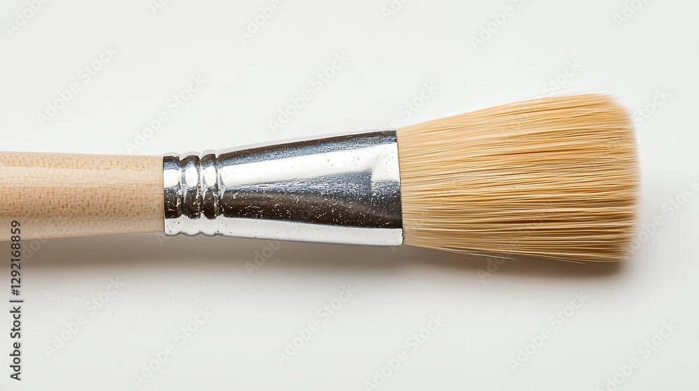 Light Brown Wooden Handle Paintbrush with Silver Ferrule and Beige Bristles on White Background Light Brown Wooden Handle Paintbrush with Silver Ferrule and Beige Bristles on White Background