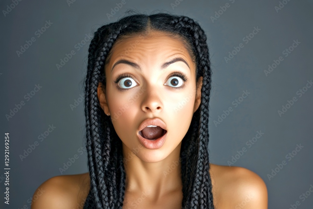 Stunning very amazed black girl - for ads, advertisement and social digital ad use. Long coiffure - braids hair. Commercial marketing concept. African elegance concepts. Long hair beauty. Stunning very amazed black girl - for ads, advertisement and social digital ad use. Long coiffure - braids hair. Commercial marketing concept. African elegance concepts. Long hair beauty.