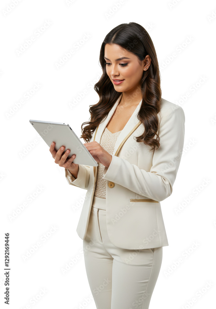 Female businesswoman working with tablet isolated on transparent, White background Female businesswoman working with tablet isolated on transparent, White background