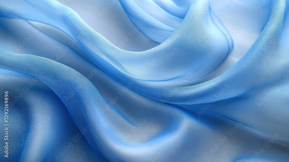 Fototapeta premium Blue silk fabric drapes, soft folds, white background, textile texture, design element