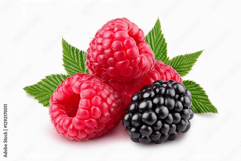 pile of raspberries and blackberries with leaves isolated on white background pile of raspberries and blackberries with leaves isolated on white background
