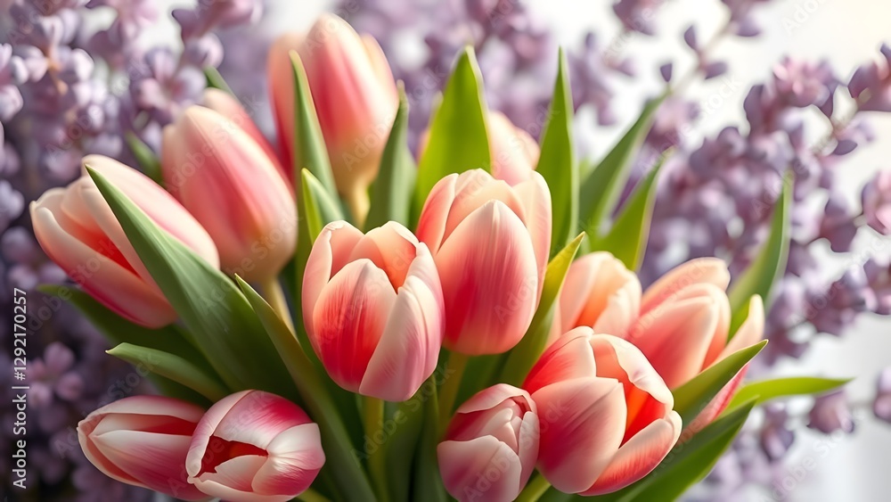 Obraz premium Tender Tulip Bouquet in Vintage Film Aesthetic on Lavender Background