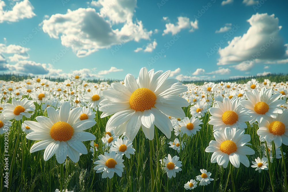 Daisies bloom in a sunny field under a blue sky Daisies bloom in a sunny field under a blue sky