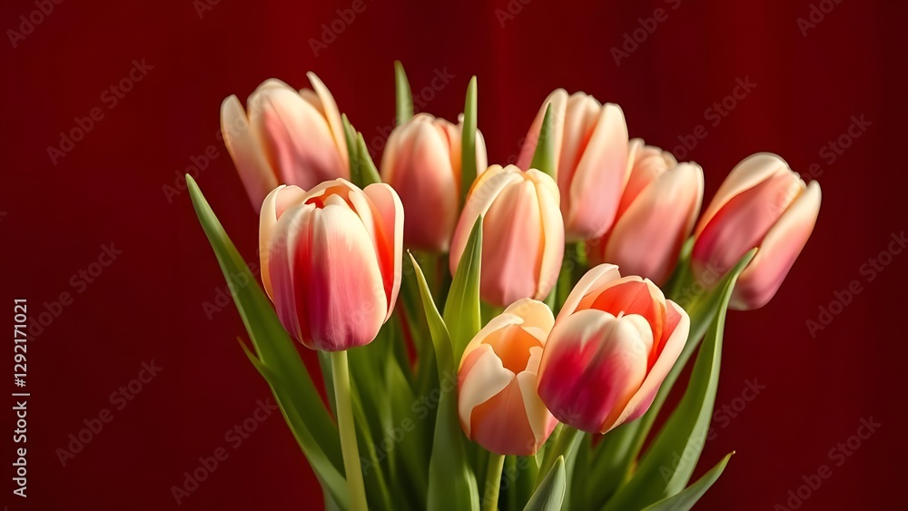 Serene Beauty Fresh Tulip Bouquet in Soft Daylight on Deep Red Background Serene Beauty Fresh Tulip Bouquet in Soft Daylight on Deep Red Background