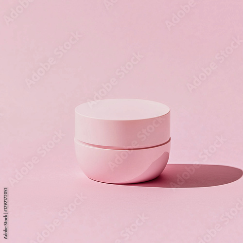 Pink  jar container with cream. Pink background, sunlit environment. A small jar with face cream for skincare routine. Beautiful closeup product photo. Mockup