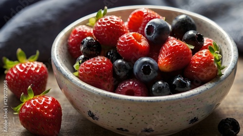 Berries in a bowl closeup photo, fresh strawberries and blueberries summer fruit