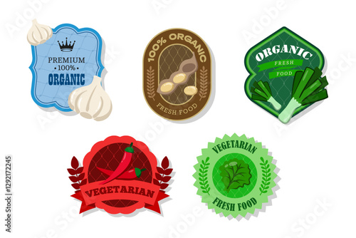 Different retro vegetables banner and labels. Packaging tags with leek, garlic, chili pepper, soybeans, lettuce. Set of seasonal vegetables labels stickers and marks or badges template for packaging