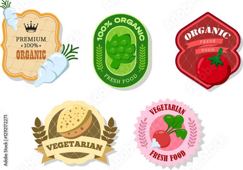 Different retro vegetables banner and labels. Packaging tags with daikon, tomato, radish, almond, artichoke. Set of seasonal vegetables labels stickers and marks or badges template for packaging