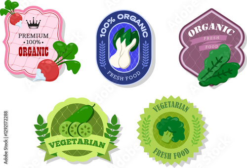 Different retro vegetables banner and labels. Packaging tags with sorrel, bok choy, cucumber, broccoli, radish. Set of seasonal vegetables labels stickers and marks or badges template for packaging