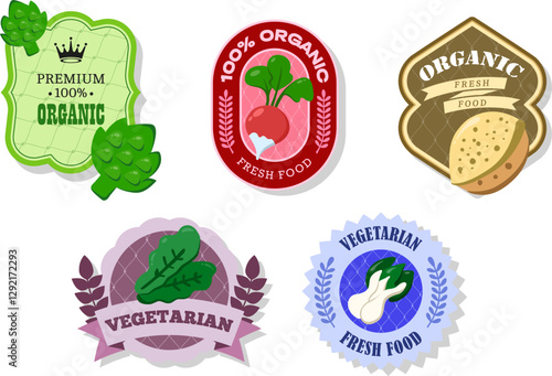 Different retro vegetables banner and labels. Packaging tags with sorrel, artichoke, almond, bok choy, radish. Set of seasonal vegetables labels stickers and marks or badges template for packaging