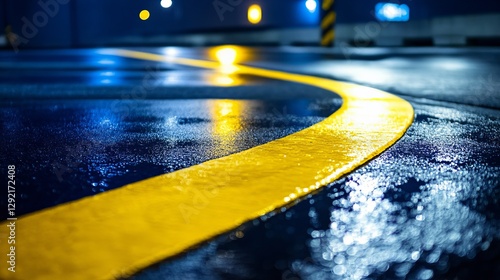 Nighttime Wet Asphalt Road with Yellow Line Curve Abstract Background Urban Scene Dark Blue Yellow Colors Night Photography gold city path image shiny