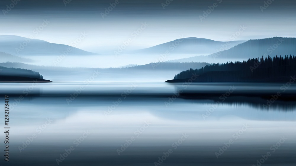Fototapeta premium A vast expanse of water separates a lush forest from a majestic mountain range in the background